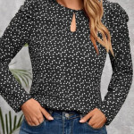Women's Casual Floral dot Print Crochet Long Sleeve Blouses Summer Crew Neck Shirt Tunic Top