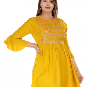 Casual Bell Sleeves Embroidered Women Yellow Top