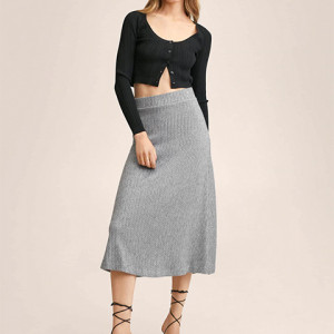 Women Grey Melange Knitted Midi A-Line Skirt